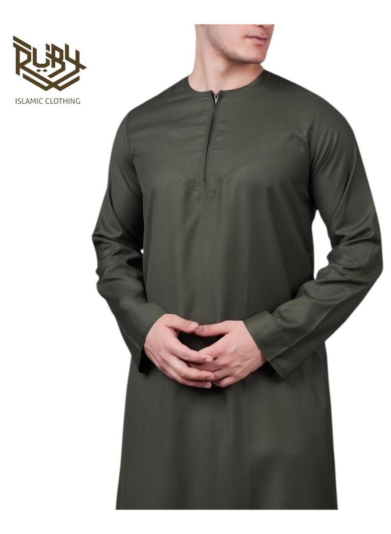 RUBY ISLAMIC CLOTHING Essential Olive Thobe  jubba kandura dishdasha for men – Emirati Style with Front Zip - Image 4