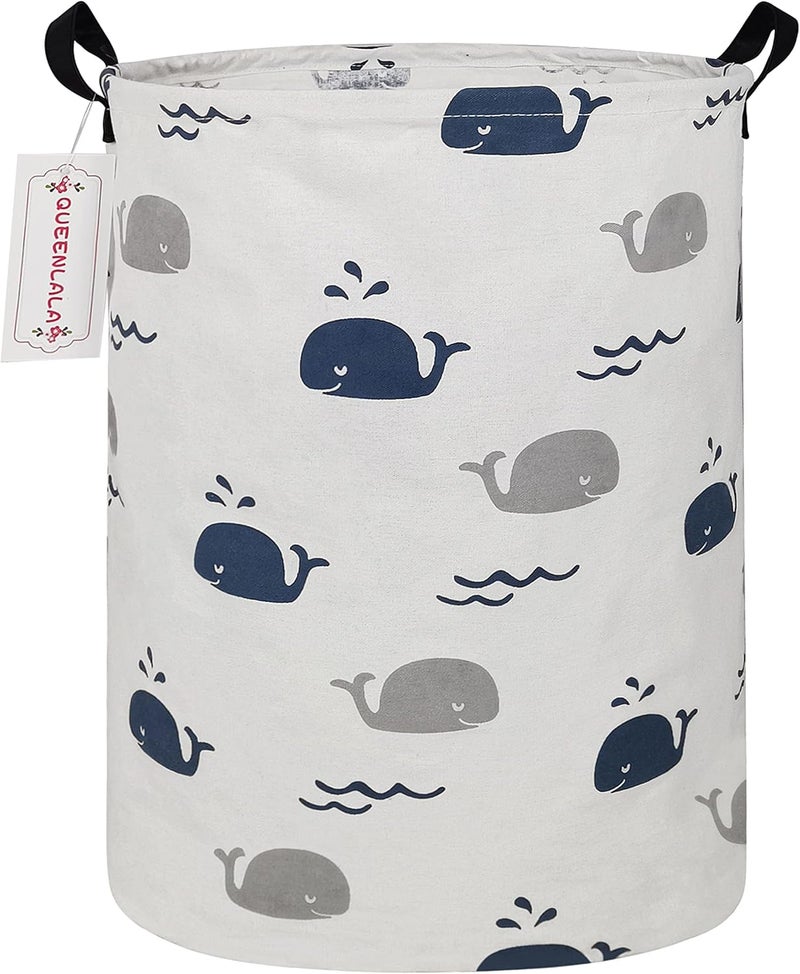 QUEENLALA Large Storage Basket, Laundry Hamper, Washing Basket, Clothes Basket, Bathroom, Home Decor, Collapsible Round Storage Bin, Boys and Girls Hamper, Boxes, Clothing (Round-Blue Cute Whale) - Image 1