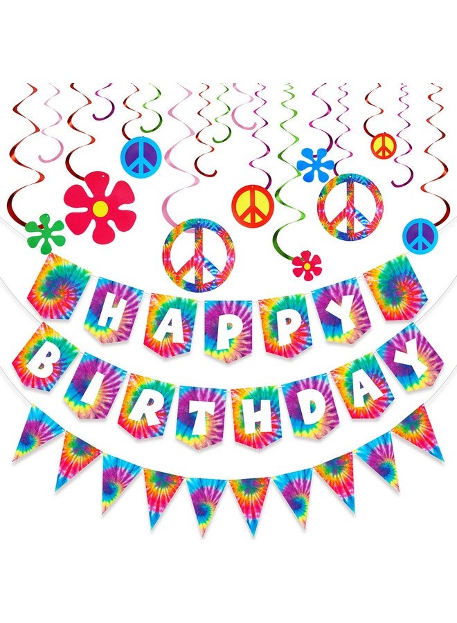 Tenare 15 Pieces Tie Dye Party Happy Birthday Banner Pennant Banner and 60's Hippie Theme Party Foil Swirl Decor for Tie Dye Party Art Classic 60s 70s Theme Hippie Carnival Party Shower Birthday Party - Image 1