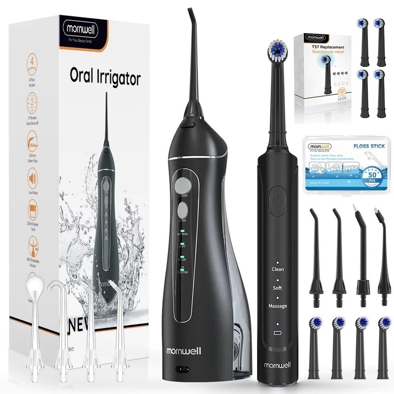 Mornwell Electric Water Flosser and Toothbrush Set Whitens Teeth Protects Gum Health With 4 Brush Heads and 4 Flosser Nozzles - Image 2
