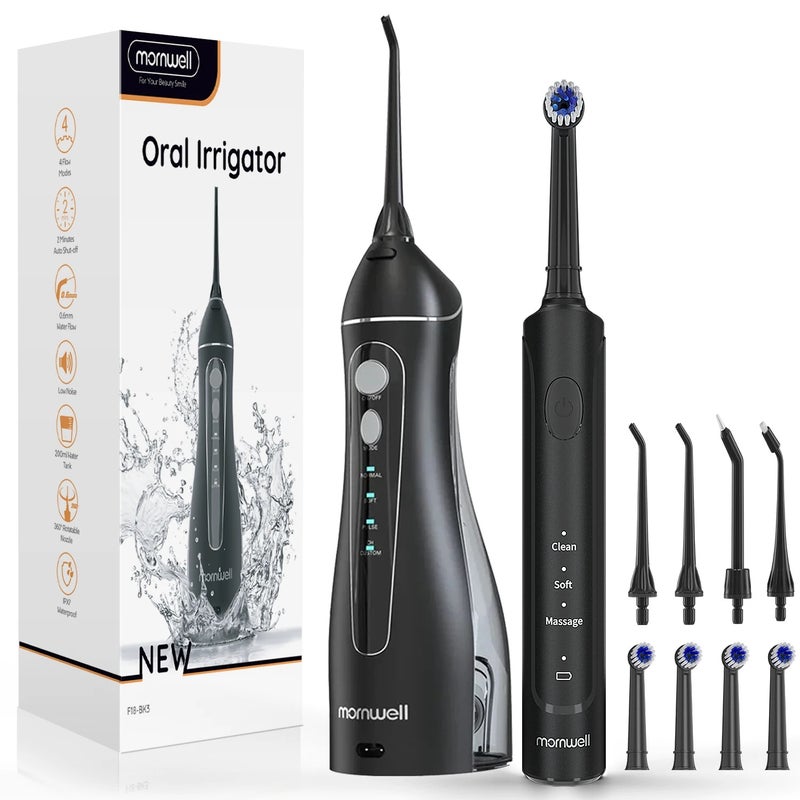 Mornwell Electric Water Flosser and Toothbrush Set Whitens Teeth Protects Gum Health With 4 Brush Heads and 4 Flosser Nozzles - Image 1