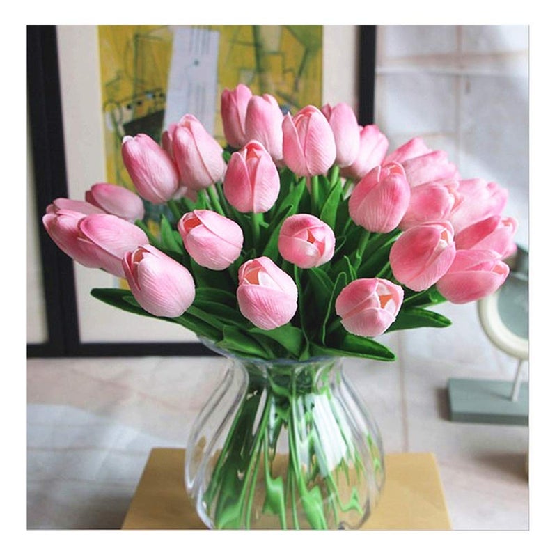 SHINE-CO LIGHTING Artificial PU Tulips 10Pcs Real Touch Fake Flower Arrangement Bouquets for Home Office Wedding Decoration (Pink) - Image 1