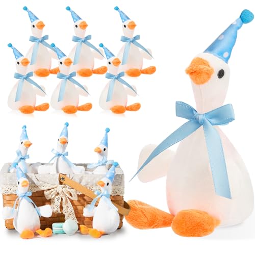 Vertintong 12 Pcs Silly Goose Plush Stuffed Animal Toy Birthday Decorations 8 inch One Silly Goose Baby Shower Party Favor Duck Stuffed Animal with Birthday Hat for Girls Funny Party Supplies Blue - Image 1
