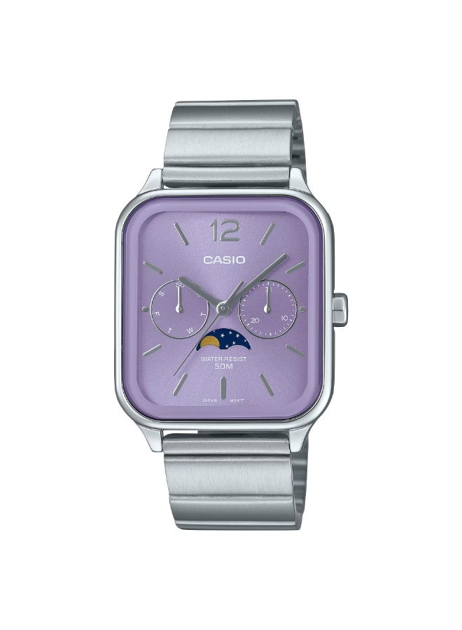 CASIO ساعة كاسيو MTP-M305D-6AVDF التناظرية بمرحلة القمر للرجال بقرص بنفسجي وحزام من الفولاذ المقاوم للصدأ مقاومة للماء حتى 50 متر - Image 1