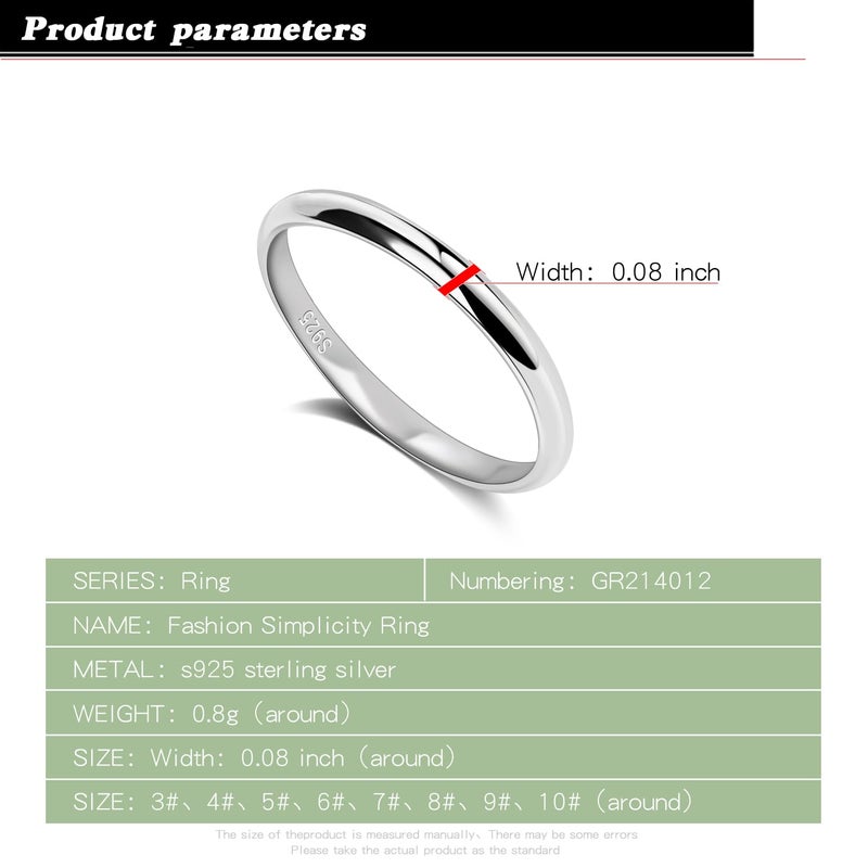 Dankadi Simple Fashion 925 Sterling Silver Ring Smooth Plain Dome Comfort Solid Silver Wedding Ring For Men & Women 2 mm Ring 3-13# (2MM Silver, 3) - Image 3