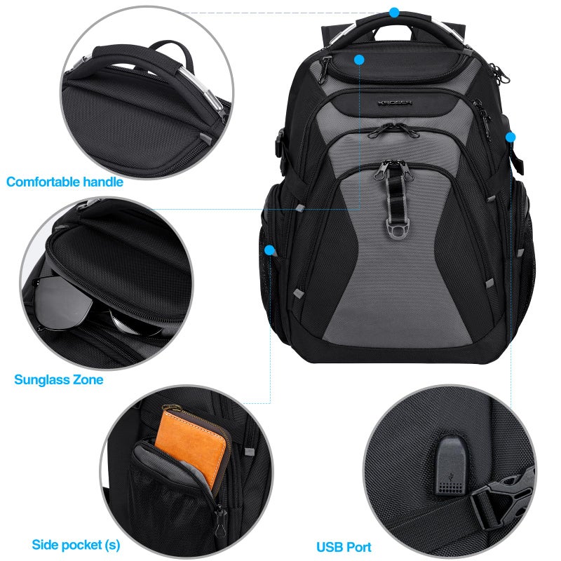 KROSER Travel Laptop Backpack 18.4 Inch XXXL Gaming Backpack with Hard Shell Saferoom RFID Pockets Water-Repellent Business College Daypack Stylish Laptop Bag for Men/Women-Black Grey - Image 4
