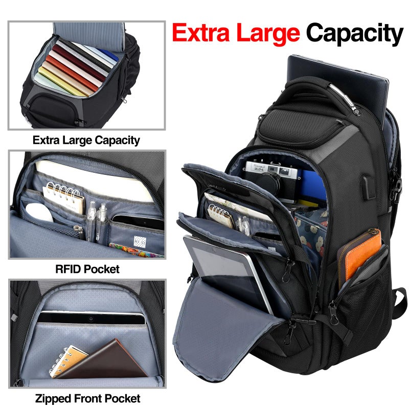 KROSER Travel Laptop Backpack 18.4 Inch XXXL Gaming Backpack with Hard Shell Saferoom RFID Pockets Water-Repellent Business College Daypack Stylish Laptop Bag for Men/Women-Black Grey - Image 3