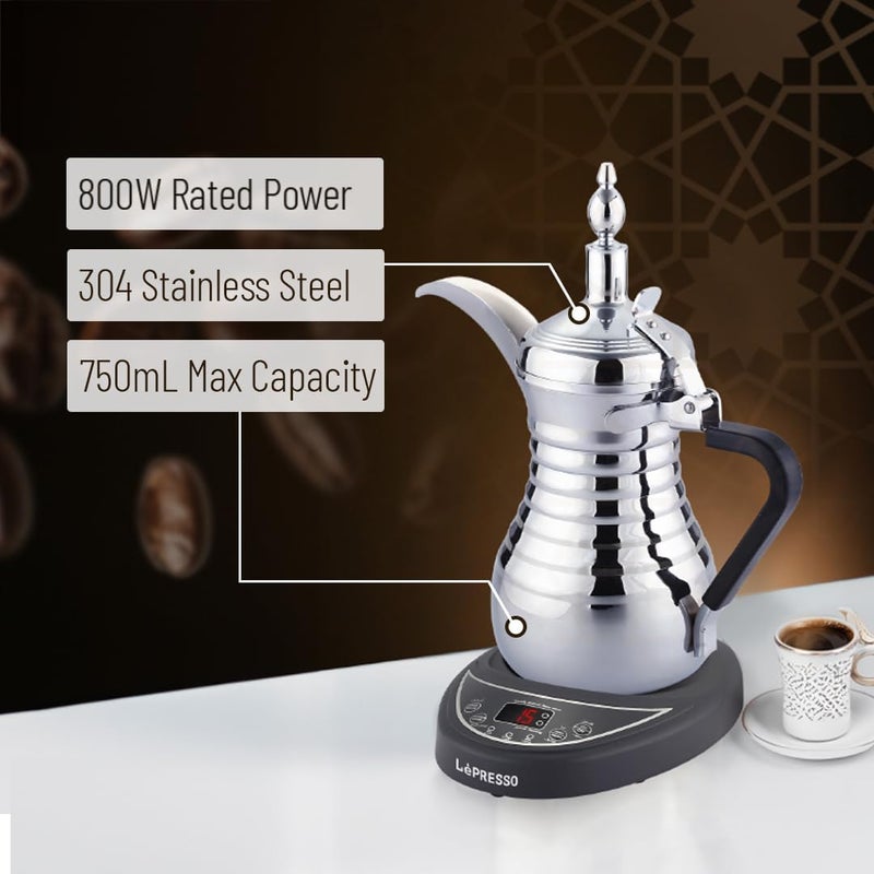 ليبرسو إبريق قهوة وشاي عربي LePresso Dallah، مادة الإبريق من الفولاذ المقاوم للصدأ 304، حماية من الحرارة الزائدة، قدرة 800 واط، غلاية أوتوماتيكية، سعة 750 مل، غلي الماء وتسخين الحليب، أواني القهوة - ذهبي - Image 3