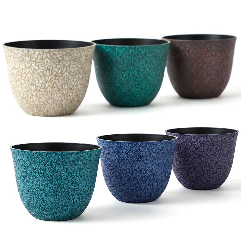 Worth Garden Plastic Round 8 Plant Pots for Indoor Plants Set of 6 Multicolor Small Flower Pots WDrainage Hole and Rubber Plug Home Christmas Decorative planters Retro Floral Pattern - Image 2