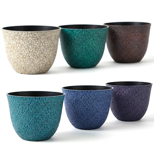 Worth Garden Plastic Round 8 Plant Pots for Indoor Plants Set of 6 Multicolor Small Flower Pots WDrainage Hole and Rubber Plug Home Christmas Decorative planters Retro Floral Pattern - Image 1