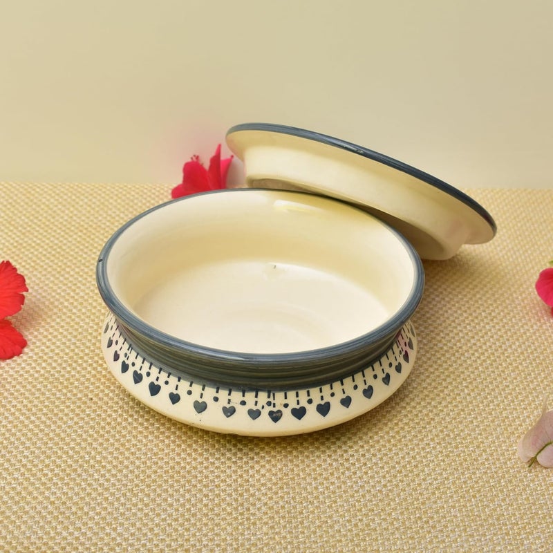 Kunhar Ceramic Donga with Lid Ceramic Serving Casserole 800 Ml 1 Piece White Grey Flower Size 2 Number - Image 3