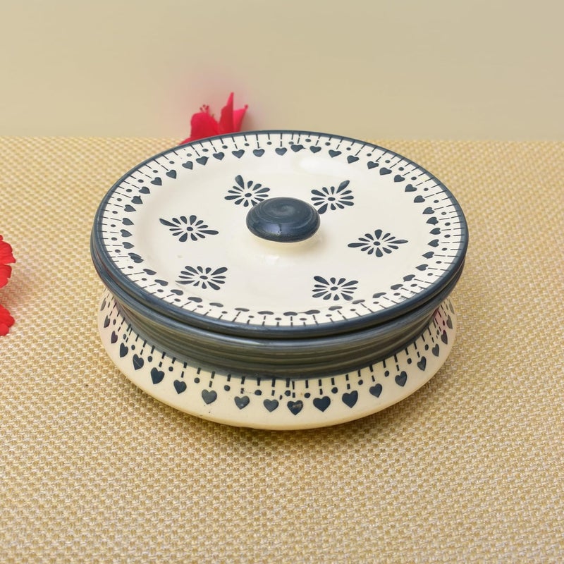 Kunhar Ceramic Donga with Lid Ceramic Serving Casserole 800 Ml 1 Piece White Grey Flower Size 2 Number - Image 1