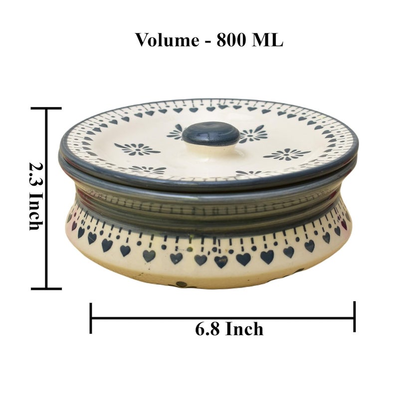 Kunhar Ceramic Donga with Lid Ceramic Serving Casserole 800 Ml 1 Piece White Grey Flower Size 2 Number - Image 2