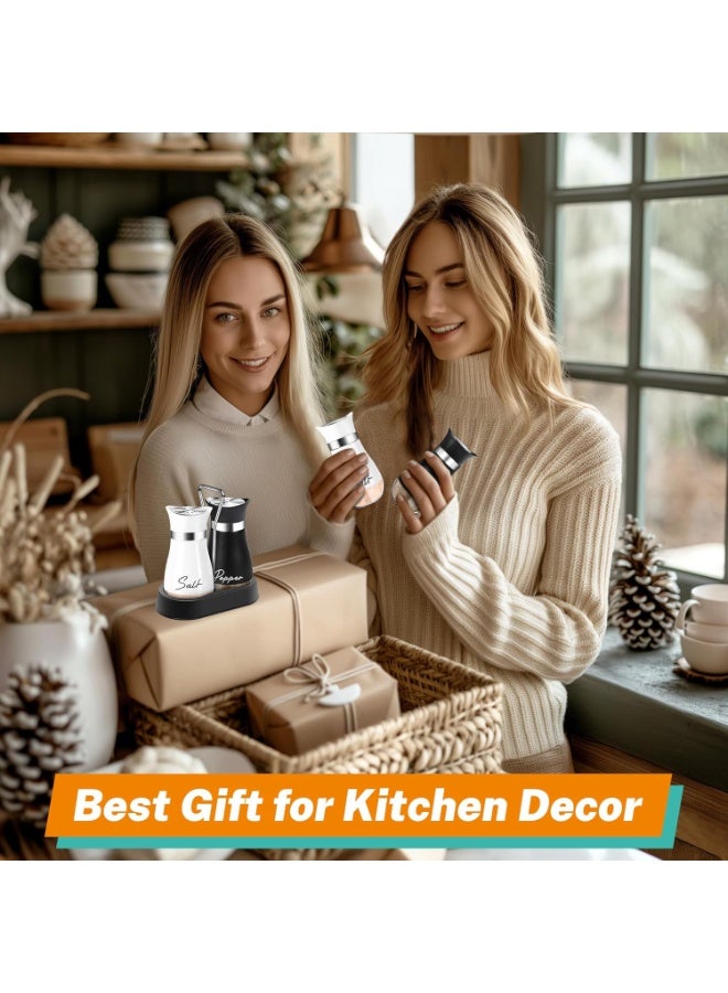 Salt and Pepper Shakers Set with Holder,4 oz Bottom Salt Shaker with Stainless Steel Lid for Kitchen Gadgets Cooking Table Housewarming Gift Christmas Decor Refillable Design (Black + White) - Image 5