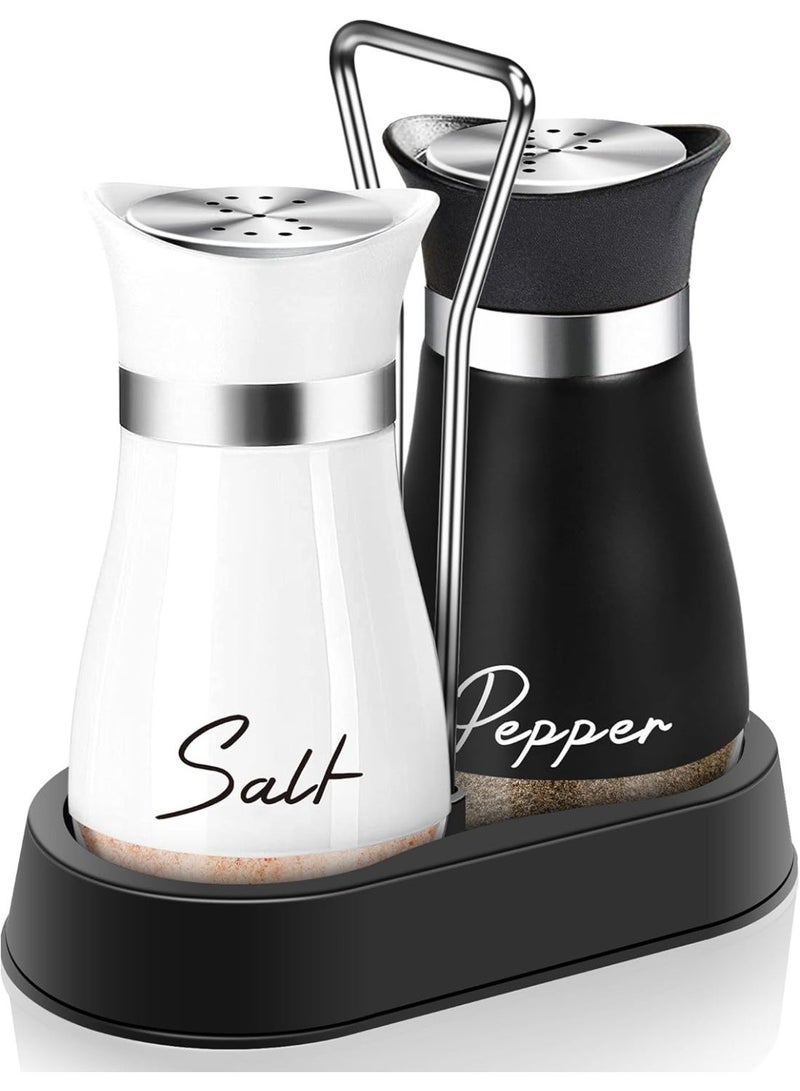 Salt and Pepper Shakers Set with Holder,4 oz Bottom Salt Shaker with Stainless Steel Lid for Kitchen Gadgets Cooking Table Housewarming Gift Christmas Decor Refillable Design (Black + White) - Image 1