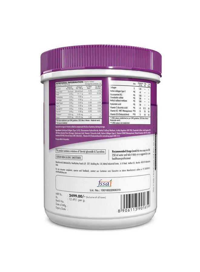 HealthyHey Nutrition HealthyHey Nutrition Jointrelief Collagen Peptide Powder Type 1,2 & 3 (Hydrolysed) With Glucosamine,Chondroitin,Msm- Support Joint And Cartilage Health - 200 G (Orange),1 Count,22 Servings  - Image 2