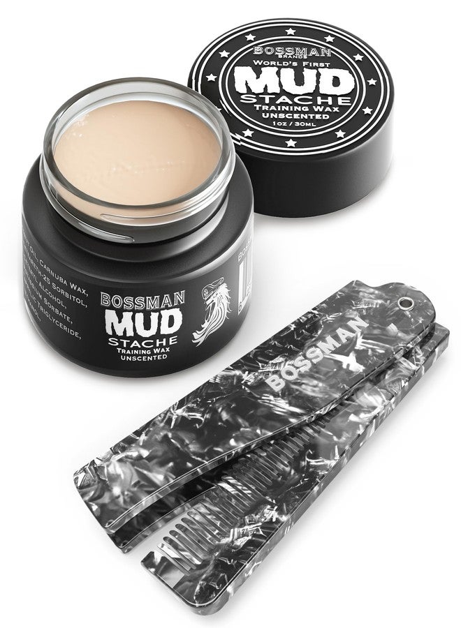 Bossman MUDstache Unscented Mustache Wax for Men & Acetate Folding Comb - Styling and Grooming Combo - Image 1