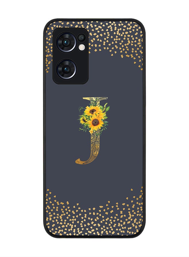 Rugged Black edge case for Oppo Find X5 Lite, Slim fit Cover - Custom Monogram Initial Letter Floral Pattern Alphabet - J (Grey )