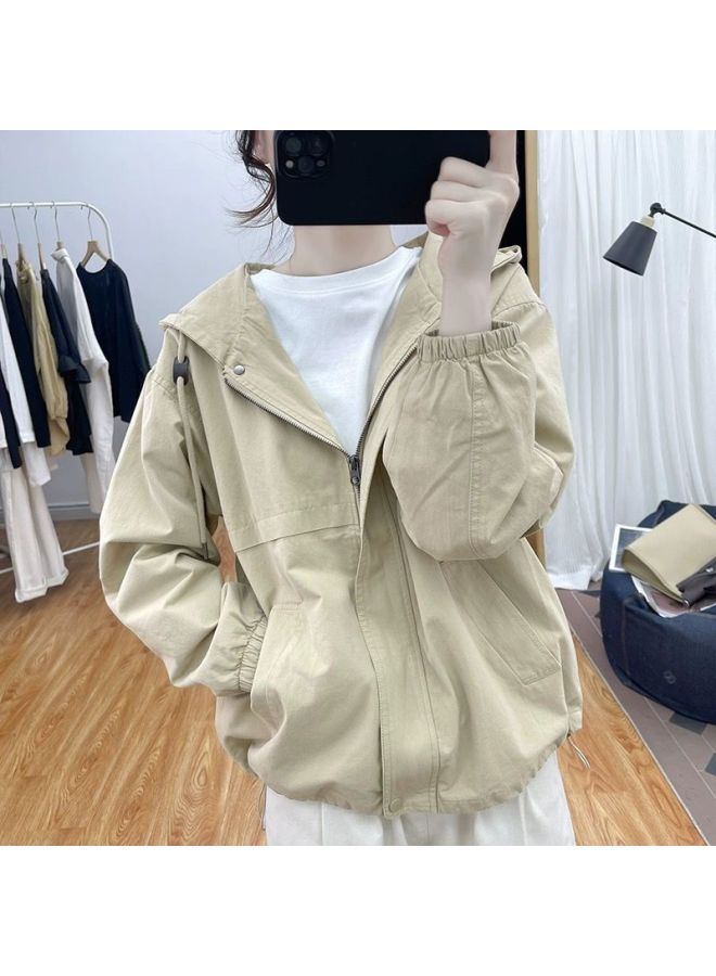 Spring And Autumn Casual Hooded Jacket For Women New Korean Style Loose Top Retro Slimming Versatile Workwear Trench Coat