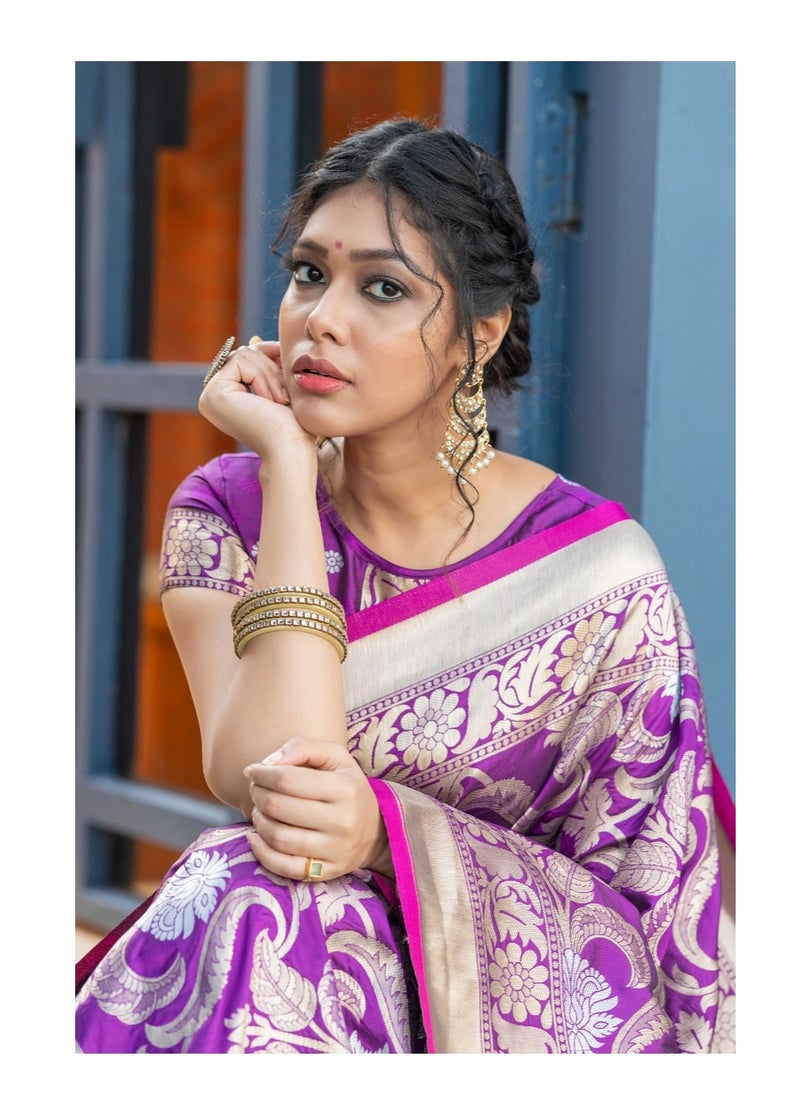 Grab Mantra - Violet Banarasi heavy butta saree with weaving traditional border Plus unstitched blouse. - Image 1