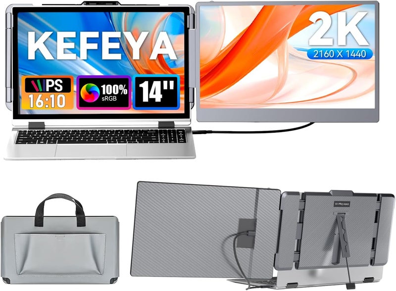 موسع شاشة اللابتوب 2K، 2160x1440 QHD موسع شاشة اللابتوب بشاشة مزدوجة، شاشة محمولة 14 بوصة لأجهزة اللابتوب 13-17 مع منفذ USB-C/HDMI، توصيل وتشغيل لنظام Windows/Mac/Android/Switch/PS5 - Image 1
