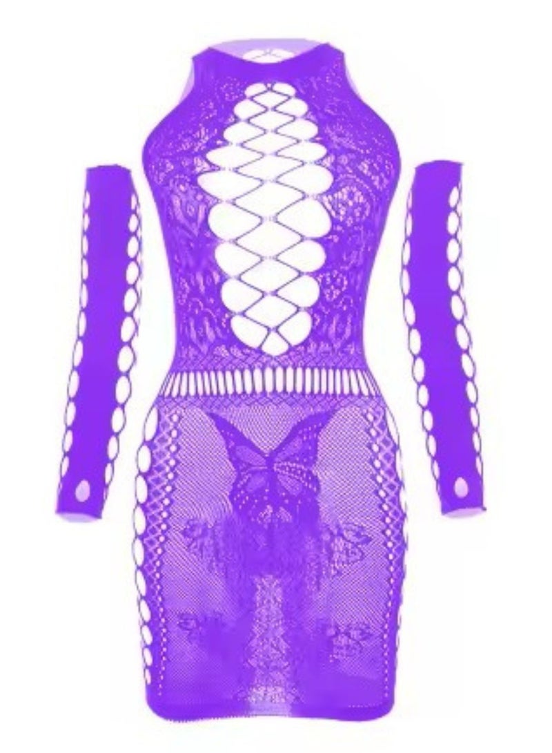 Remy Belle Remy Belle Women Purple Fishnet Long Sleeve Bodystocking (Purple, One size) 