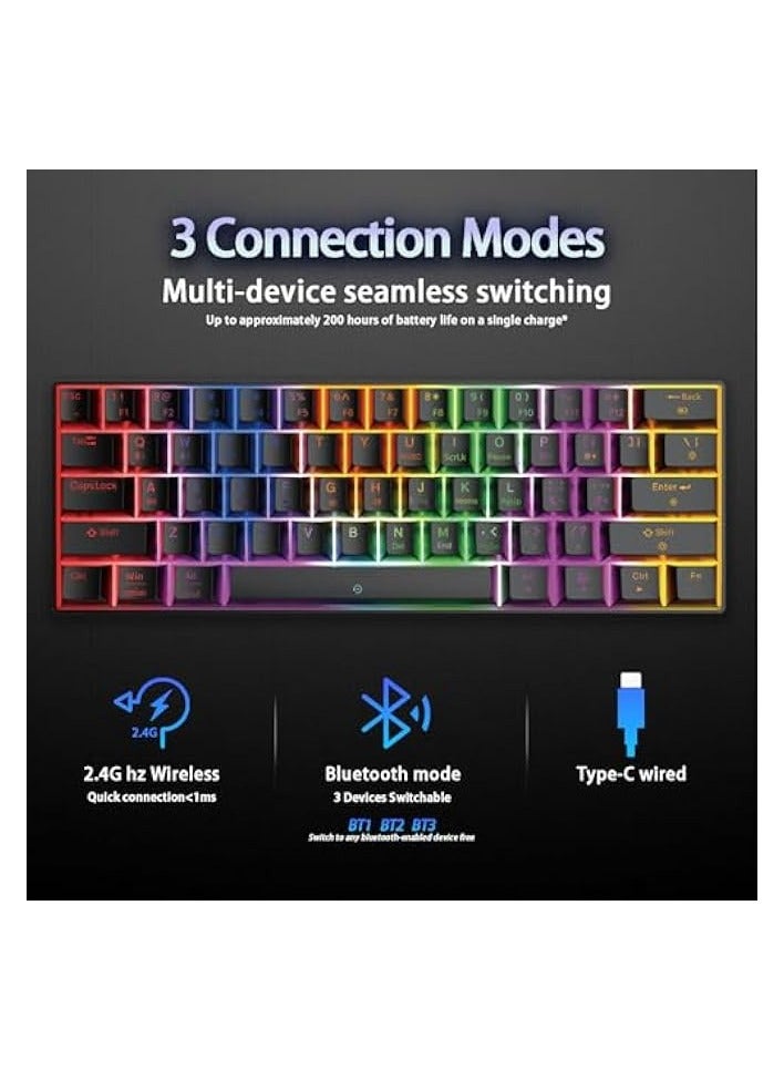 بروماس لوحة مفاتيح ميكانيكية بلوتوث لاسلكية ثلاثية الوضع (2.4G/Bluetooth/USB-C)، دعم متعدد المنصات (Windows/Mac/Linux/Tablet)، لوحة مفاتيح ألعاب قابلة لإعادة الشحن ذات 61 مفتاحًا بإضاءة خلفية RGB باللون البني - Image 2