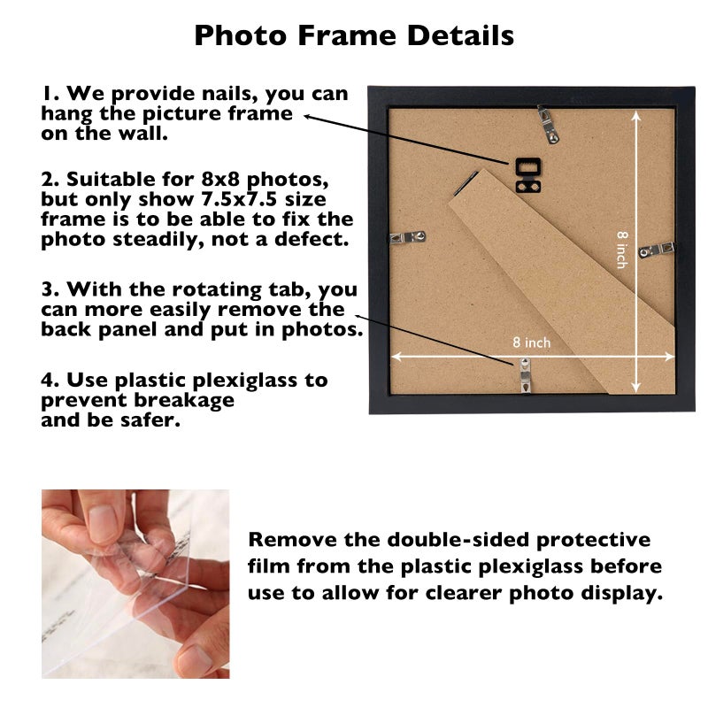 JCJMY 8x8 Picture Frame Black for Wall Hanging or Tabletop, Wall Mounting Horizontally or Vertically, 8 x 8 Square Wall Gallery Poster Photo Frame with Shatter Resistant Plexiglass, Black - Image 4