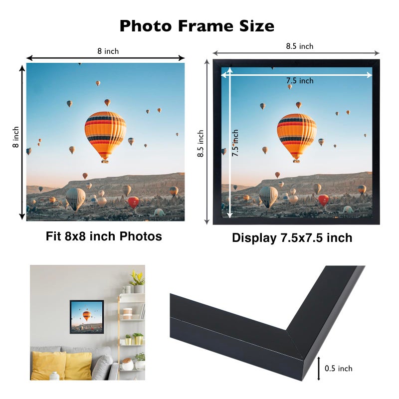 JCJMY 8x8 Picture Frame Black for Wall Hanging or Tabletop, Wall Mounting Horizontally or Vertically, 8 x 8 Square Wall Gallery Poster Photo Frame with Shatter Resistant Plexiglass, Black - Image 3