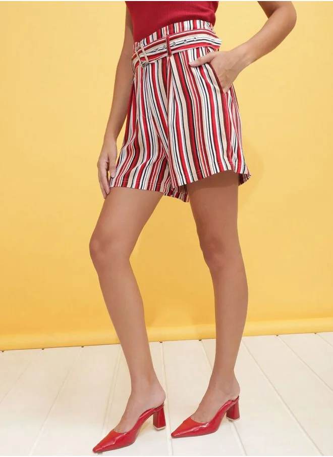 مرفوعة Women Flared Casual Striped Belted Shorts
