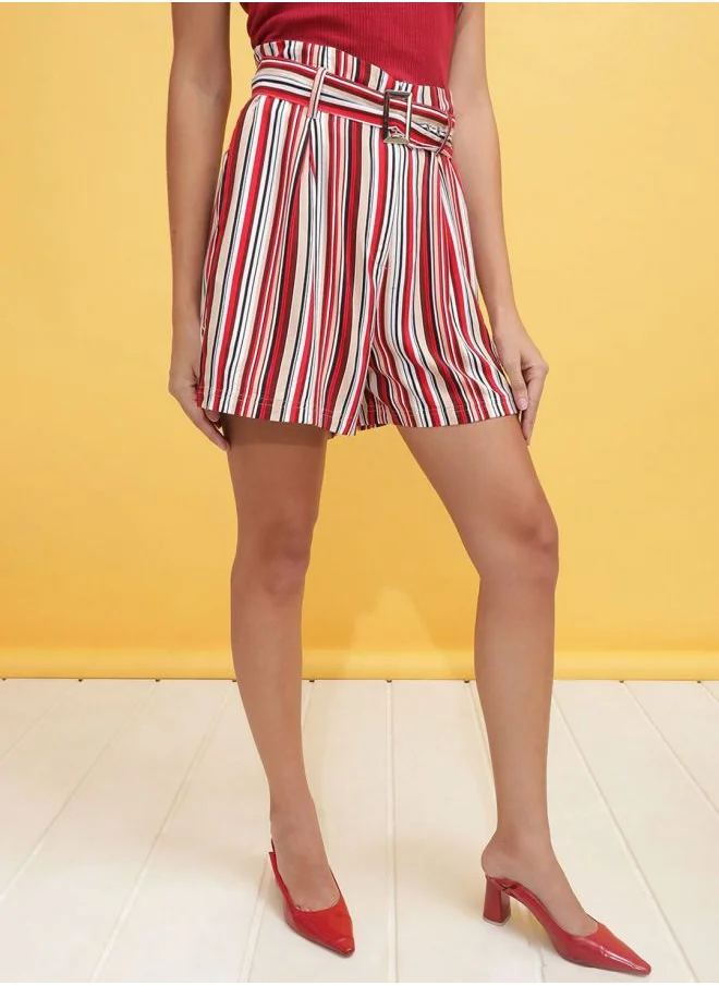 مرفوعة Women Flared Casual Striped Belted Shorts