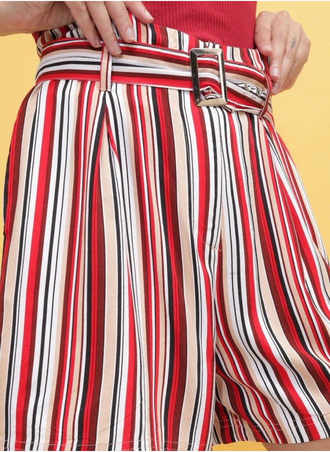 Freehand - Women Flared Casual Striped Belted Shorts - Image 1