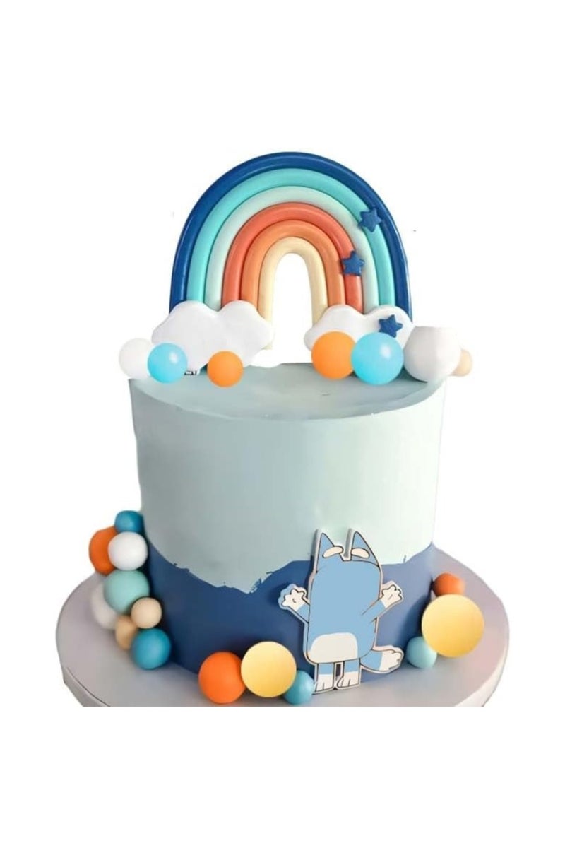 14 قطعة من زينة كعكة قوس قزح زرقاء مع كرات برتقالية وبيضاء لتزيين كعكة عيد ميلاد الكلب أو الطفل