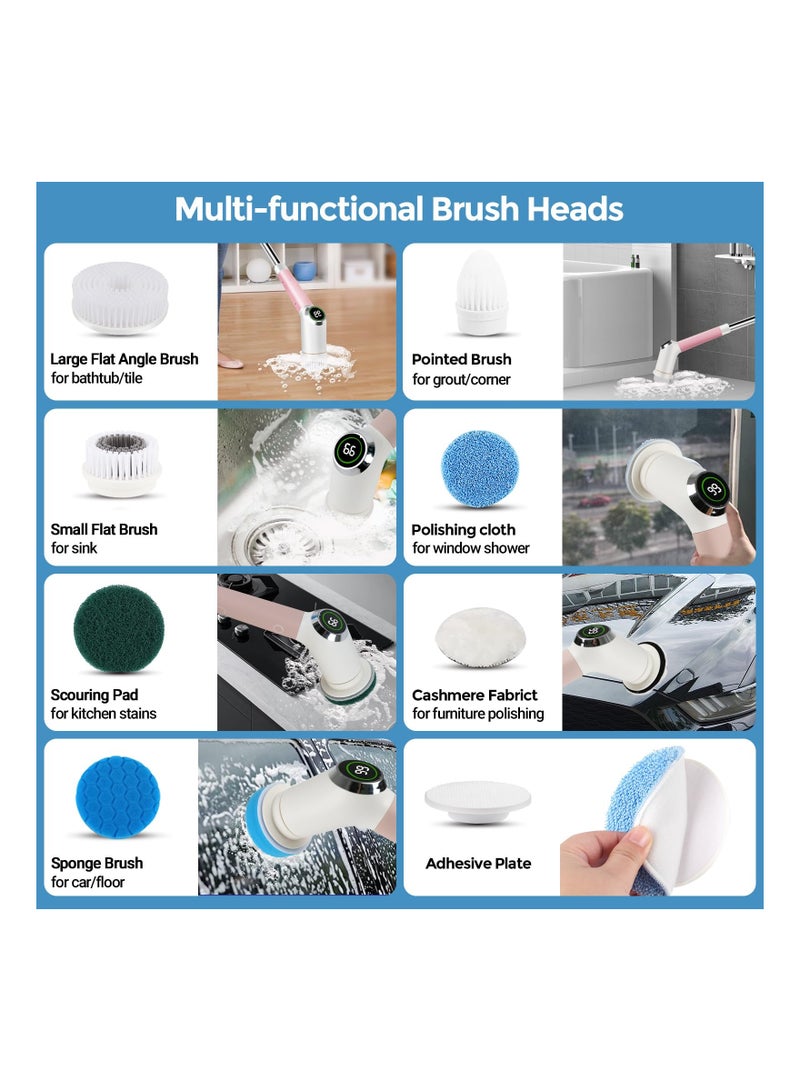 فرشاة تنظيف كهربائية دوارة، فرشاة تنظيف بلا أسلاك لحوائط الحمام مع مقبض طويل قابل للتعديل، 3 سرعات/عرض رقمي، ماكينة تنظيف دوارة قابلة للشحن للأرضيات، وحوض الاستحمام، والنوافذ (وردي) - Image 5