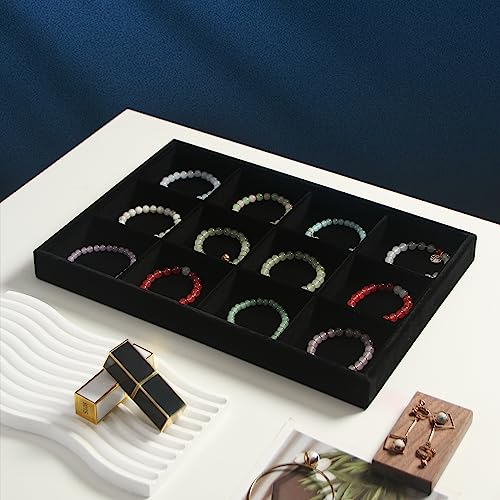 Coward 2PC Black Velvet Stackable 12 Grids Jewelry Organizer Tray Bracelet Display Stand for Selling Velvet Necklace Holder Earring Box Storage 12grid12grid - Image 3