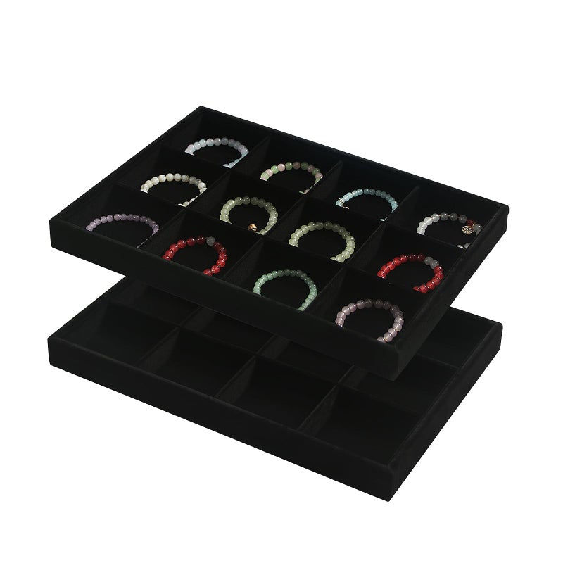 Coward 2PC Black Velvet Stackable 12 Grids Jewelry Organizer Tray Bracelet Display Stand for Selling Velvet Necklace Holder Earring Box Storage 12grid12grid - Image 2