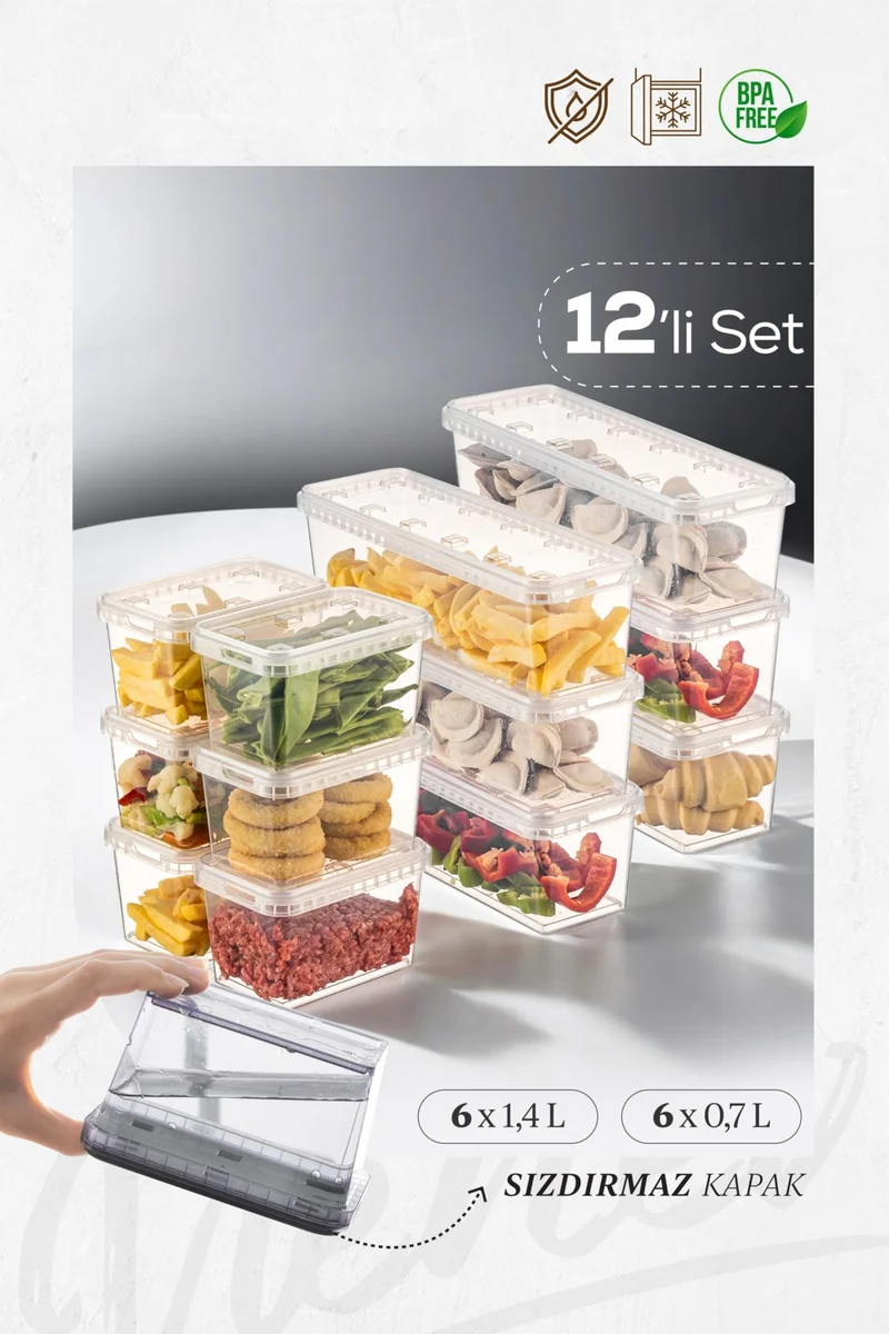 Vienev 12LI 6x(1.4-0.7 Lt) Block Refrigerator and Deep Freezer Leakproof Storage Container Transparent