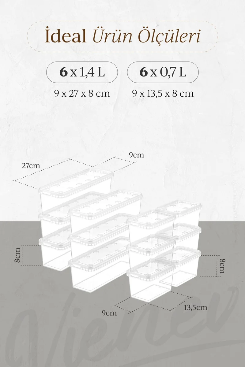 Vienev 12LI 6x(1.4-0.7 Lt) Block Refrigerator and Deep Freezer Leakproof Storage Container Transparent
