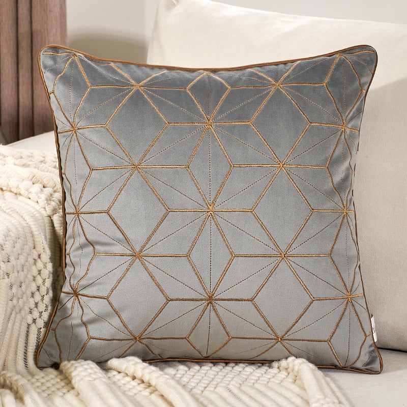 Aeckself Grey Geometric Throw Pillow Cover 18x18 Inch Soft Velvet Gold Plaid Embroidery Modern Square Decorative Pillow Cover with Stitched Edge for Couch Living Room Bedroom
