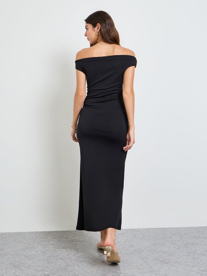 Styli Black Off Shoulder Maxi Dress with Buckle Detail - Image 4