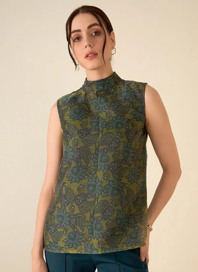 Salt Attire SALT ATTIRE Floral Printed High Neck Sleeveless Top