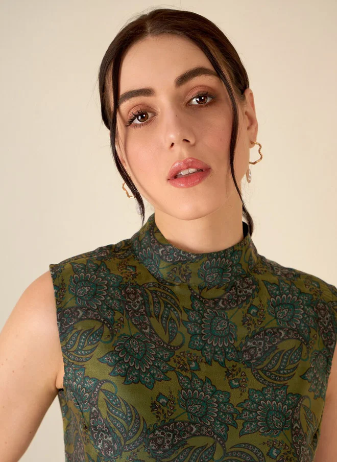 Salt Attire SALT ATTIRE Floral Printed High Neck Sleeveless Top