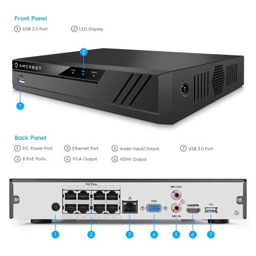 Amcrest 5MP POE Security Camera System Outdoor, 8CH POE NVR, 4pcs 5MP Turret Cameras, IP67 Metal Turret IP Cameras, Built in Mic, Pre-Installed 2TB Hard Drive, NV4108E-IP5M-T1179EW4-2TB - Image 2