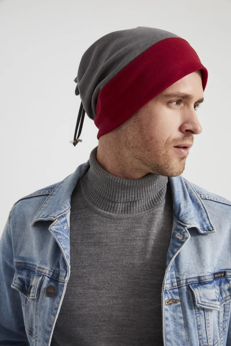 Butikgiz Men's Young New Season Red Cherry Gray Piece Rope Hat Beanie Sports Comfortable Cotton Thermal