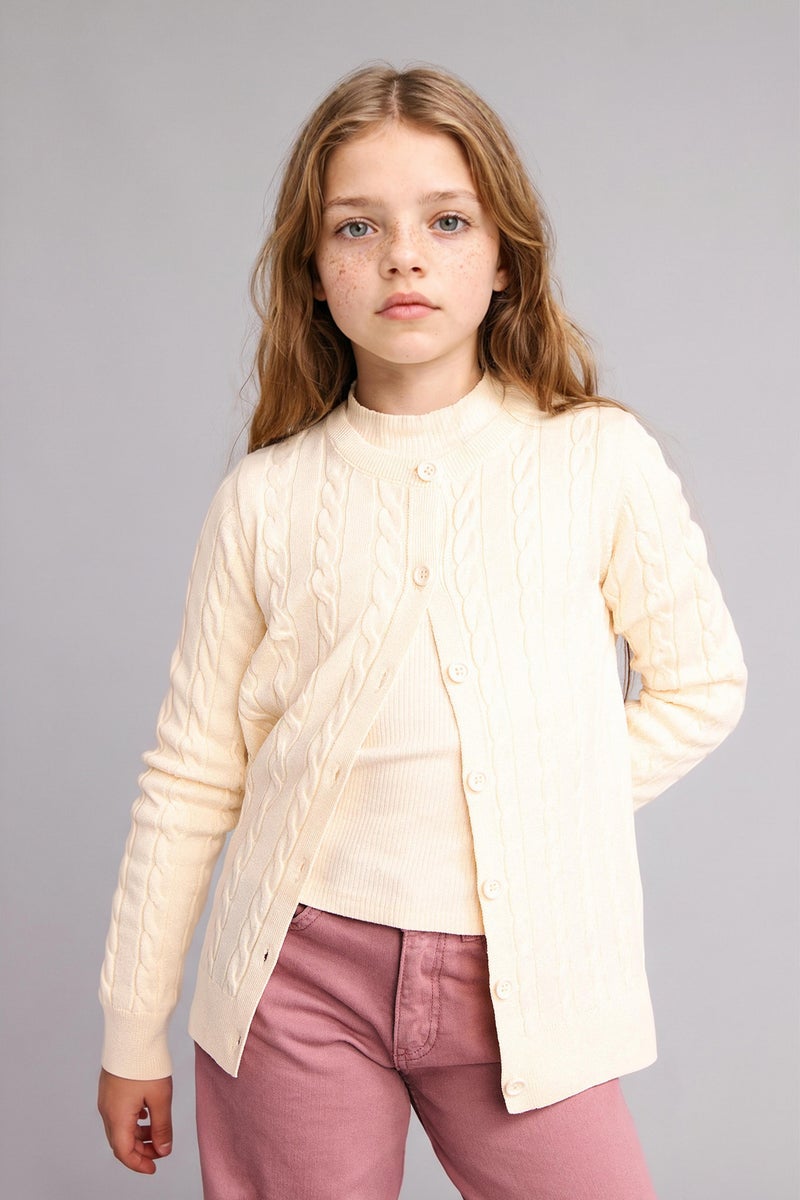 DeFacto Beige Girl Regular Fit Crew Neck Cardigan Casual - Image 3