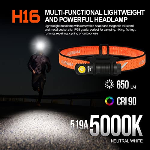 ACEBEAM H16 650 High Lumens Rechargeable Led Headlamp Flashlight, EDC AA Right Angle Flashlight, Pocket Mini Small Flash Light with Clip, 519A 90+ High CRI Led Head Lamp with Headband kit (5000K) - Image 2