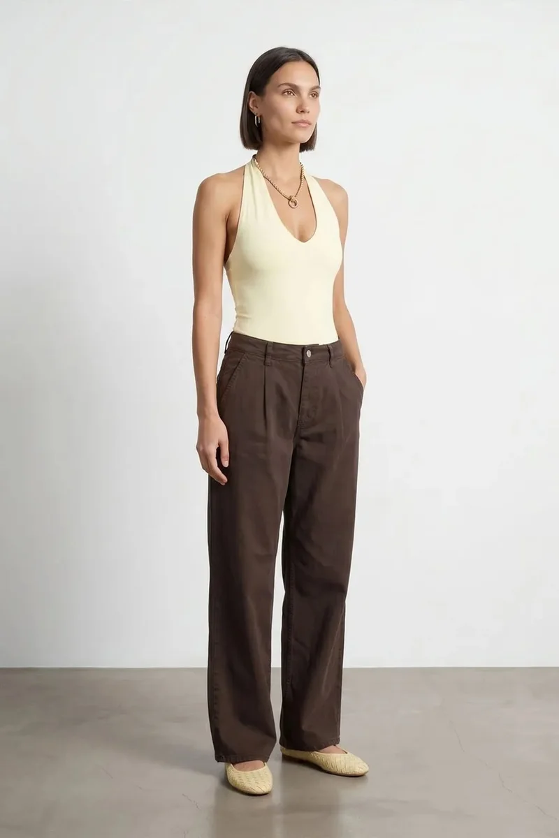 Dilvin Coffee Brown DILVIN Mid-Waist Wide-Leg Pleated Trousers for Women | Best Price UAE