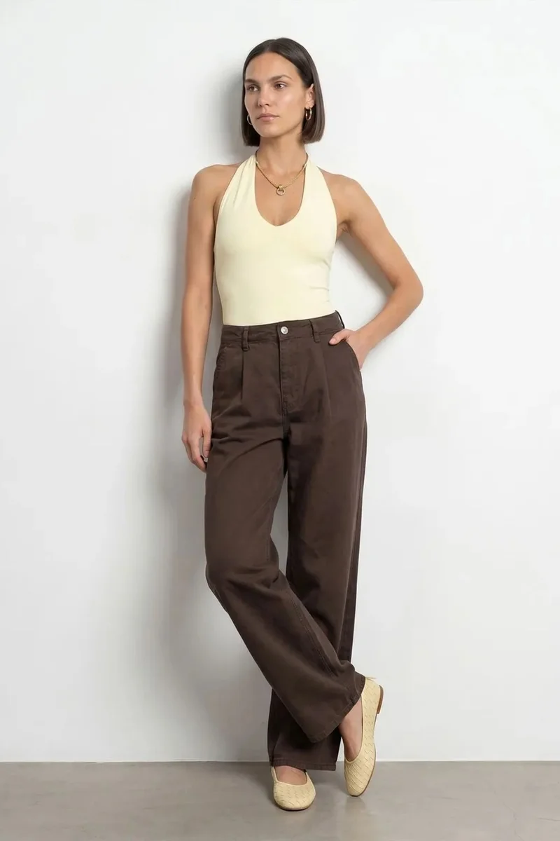 DILVIN Mid-Waist Wide-Leg Pleated Trousers