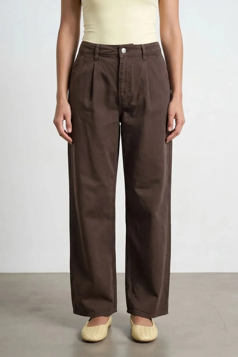 Dilvin Coffee Brown DILVIN Mid-Waist Wide-Leg Pleated Trousers for Women | Best Price UAE