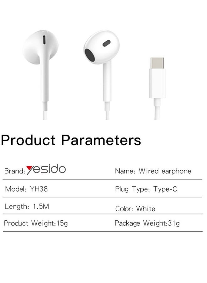 Yesido YH38 Type-C Wired Earphones with Microphone – High Quality Stereo Sound Headset for Smartphones, USB-C Earbuds with In-Line Controls for Music & Calls – White  - Image 5